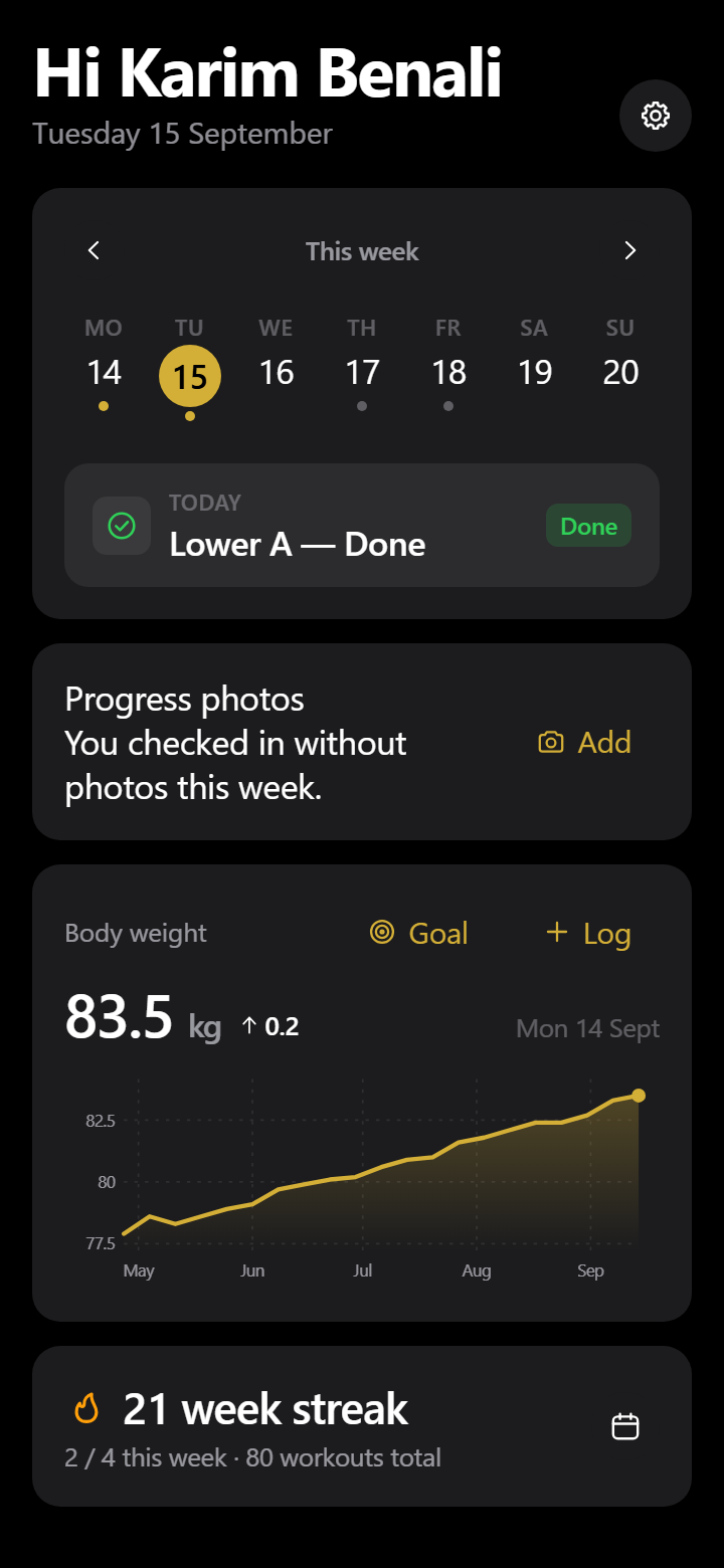 Client home: the week strip, today's session marked Done, then the bodyweight curve and a 21 week streak.
