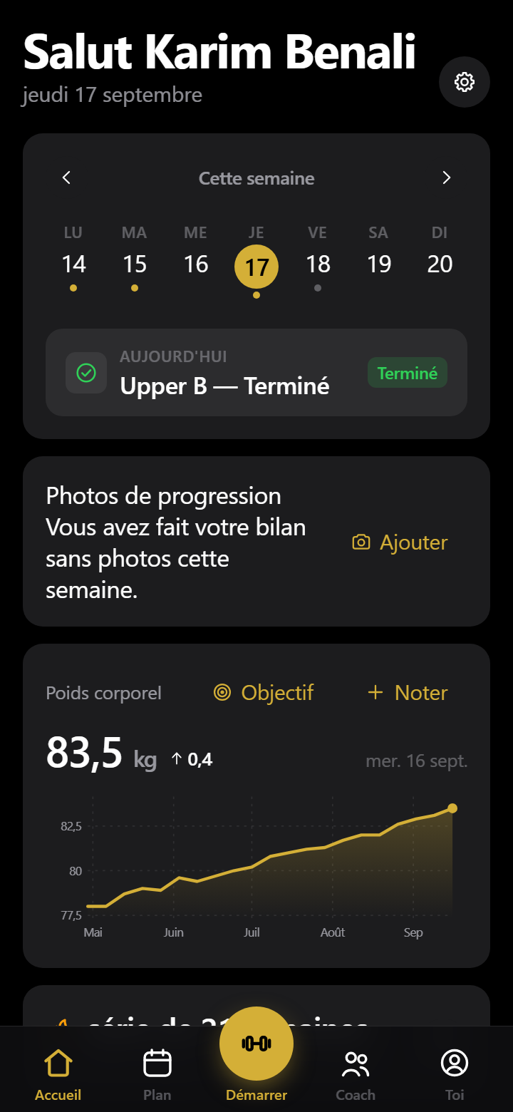Accueil côté client, en français : la bande de la semaine, la séance du jour marquée « Terminé », puis le poids corporel à 83,5 kg et sa courbe sur cinq mois.